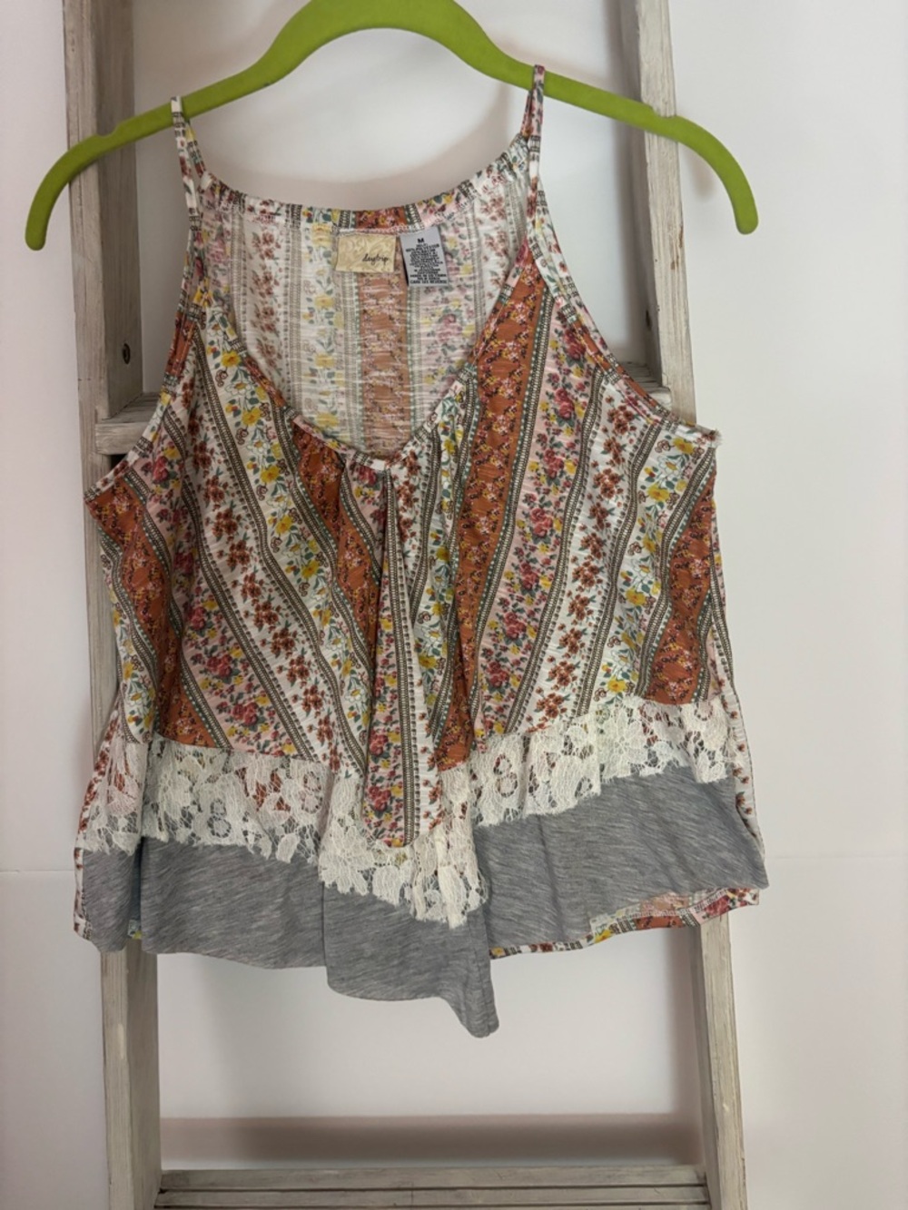 Daytrip Multicolor Floral Stripe Lace Trim Camisole, boho, festival, fairy